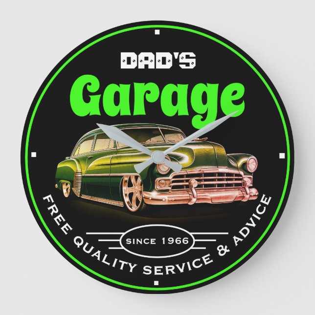 Relógio Grande Dad's Garage Any Name Always Open Green Fonts (Frente)