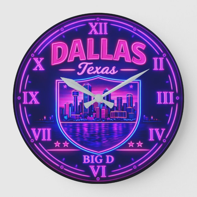 Relógio Grande Dallas Texas Big D Skyline Neon (Frente)