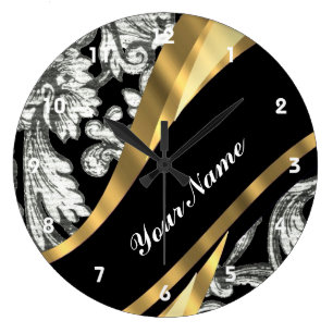 Relógio Grande Damasco floral preto e branco