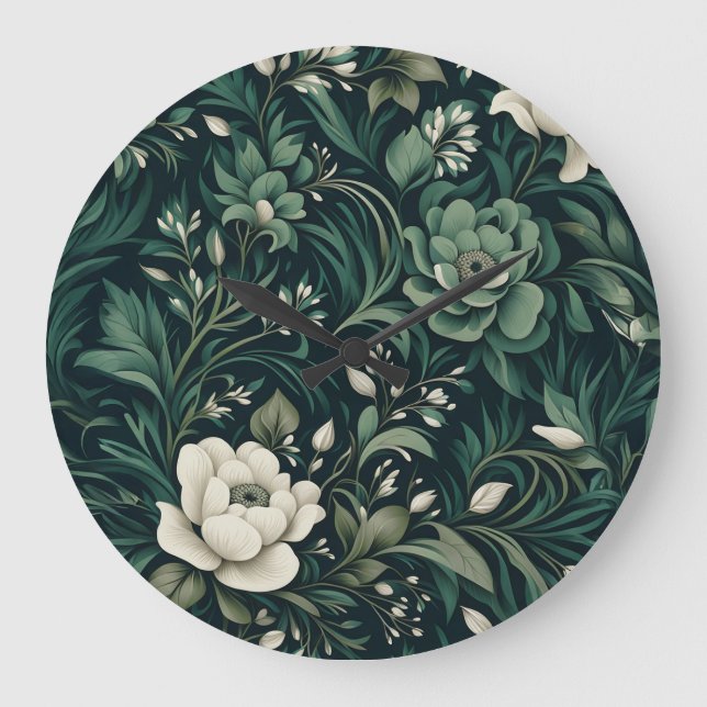 Relógio Grande Dark Emerald Green Floral (Frente)