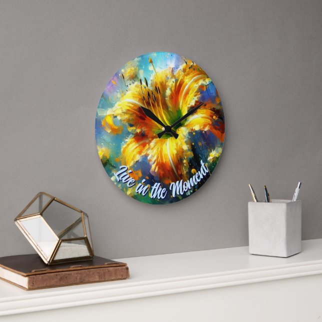 Relógio Grande Daylily Daylilies Flower Yellow Teal Personalized (Escritório)