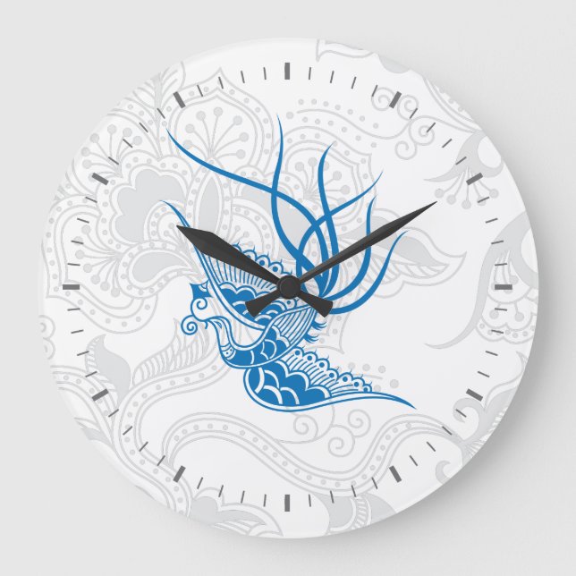 Relógio Grande Dazzling Blue Bird & Floral Pattern Wall Clock (Frente)