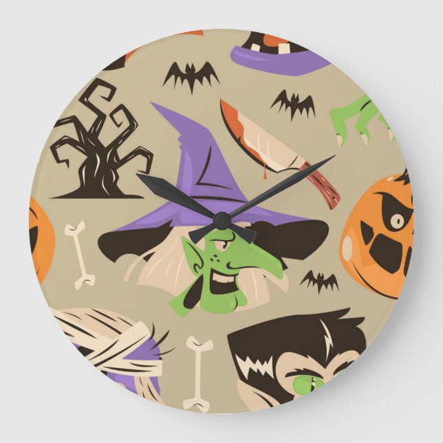 Relógio Grande de Halloween com Padrão Vintage (Frente)