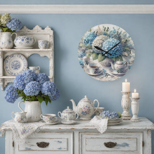 Relógio Grande Decoração de Conjunto de Chá Floral Azul de Hortên