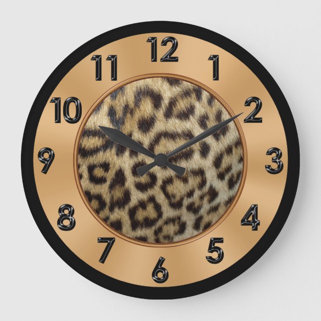 Relógio Grande Decoração de impressão do leopardo Dourada, preta  (Frente)