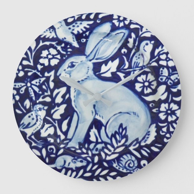 Relógio Grande Dedham Cobalt Blue & White Rabbit Plate Clock Bird (Frente)