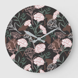 Relógio Grande Delicar Cravos Rosa com Folhas Verdes Florais