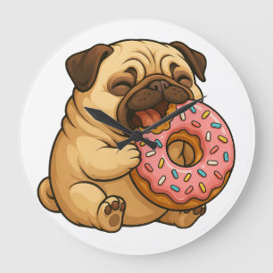 Relógio Grande Delicioso desenho animado de donut de pug fofo eng