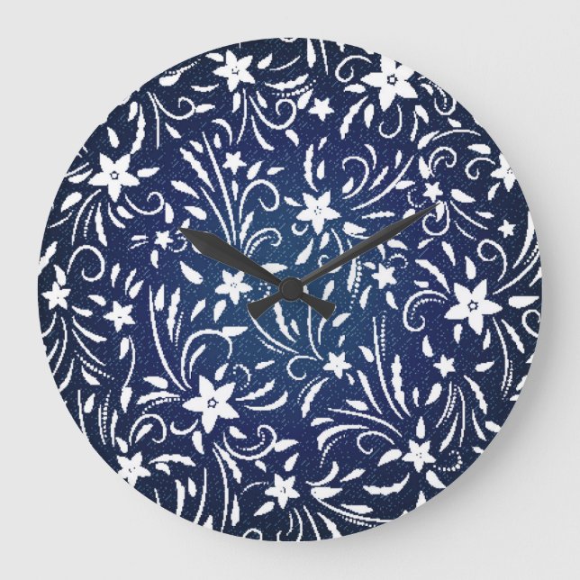 Relógio Grande Denim Blooms: Padrão Floral Fundo (Frente)