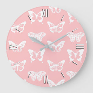 Relógio Grande Desenho da borboleta, cor-de-rosa-casca e branco