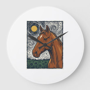 Relógio Grande Desenho de Arte de Cavalo Gravado Vintage Noite Es