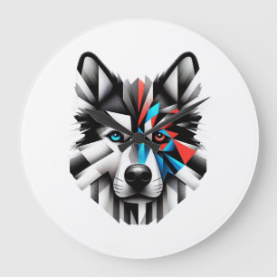Relógio Grande Desenho de Arte Moderna Face de Husky Geométrico