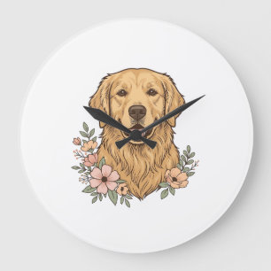 Relógio Grande Desenho de Gravura Vintage Floral Golden Retriever