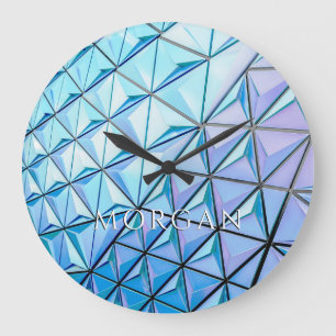 Relógio Grande Desenho Geométrico Preto Azul Roxo, Nome Branco