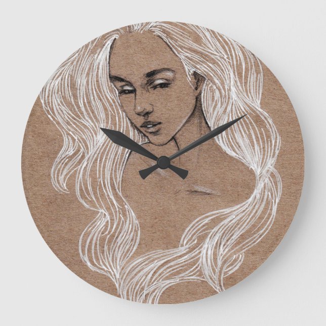 Relógio Grande Desenho Retrato: Ilustração de Menina (Frente)