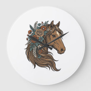 Relógio Grande Desenho Vetorial de Cabeça de Cavalo Floral Vintag