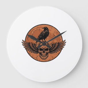 Relógio Grande Desenho Vetorial de Caveira Alada de Corvo Vintage