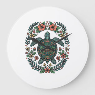 Relógio Grande Desenho Vetorial Floral de Tartaruga Marinha Vinta