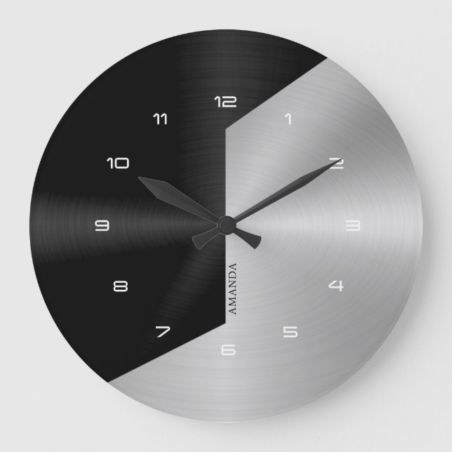 Relógio Grande Design 2 Geométrico Moderno de Preto e Prata (Frente)