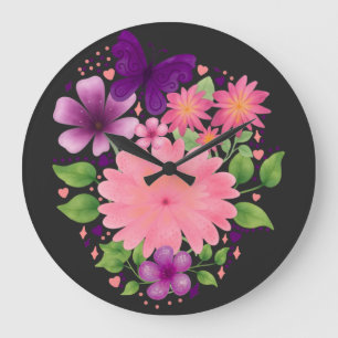 Relógio Grande Design de Aquarela de Borboleta Floral Rosa