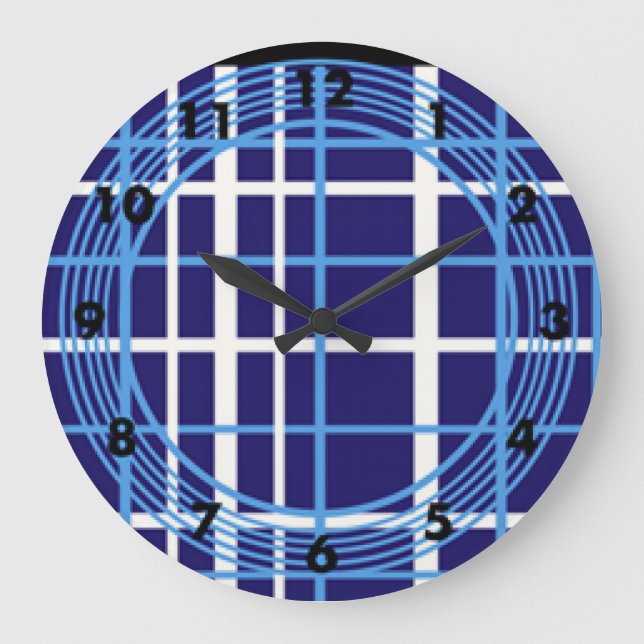 Relógio Grande Design de Círculos de Xadrez Azul (Frente)