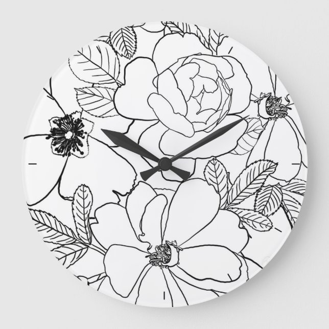 Relógio Grande Design de Desenho de Linha Floral de Rosas Elegant (Frente)