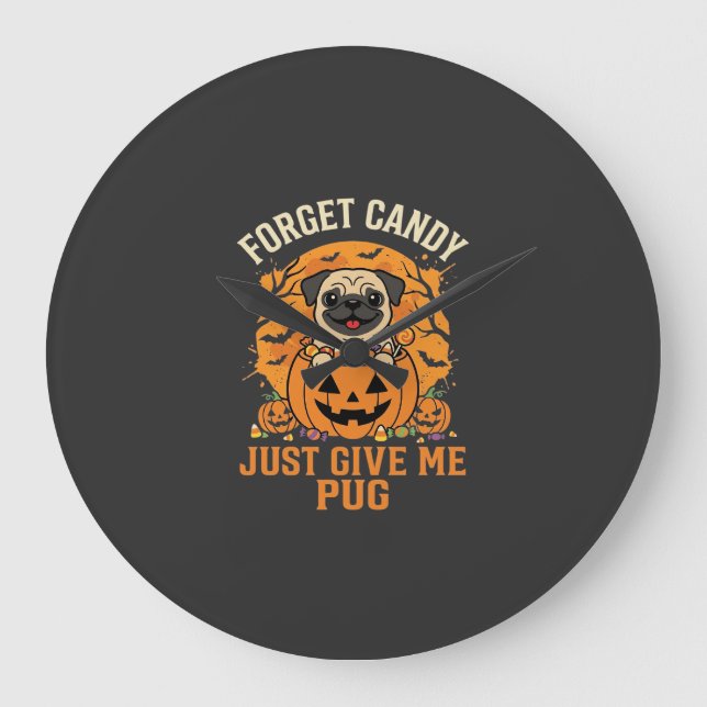 Relógio Grande Design de Doces de Halloween Engraçado Pug_1 (Frente)