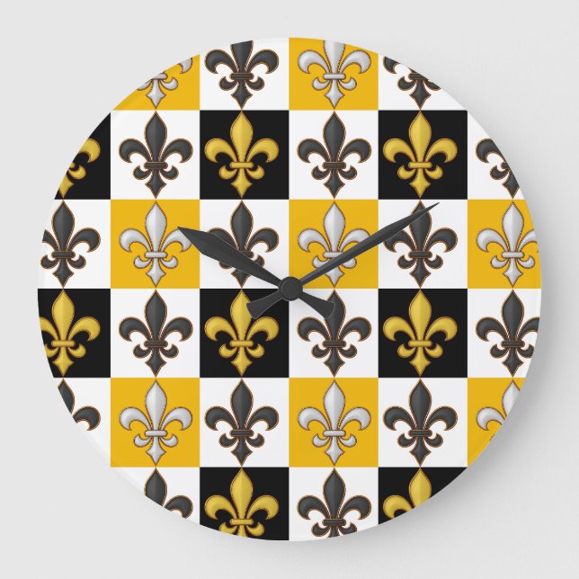 Relógio Grande Design de Fleur-de-lis, branco-amarelo, com verifi (Frente)