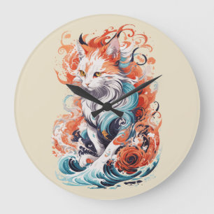 Relógio Grande Design de Gato Fofo em Estilo Neo Tradicional
