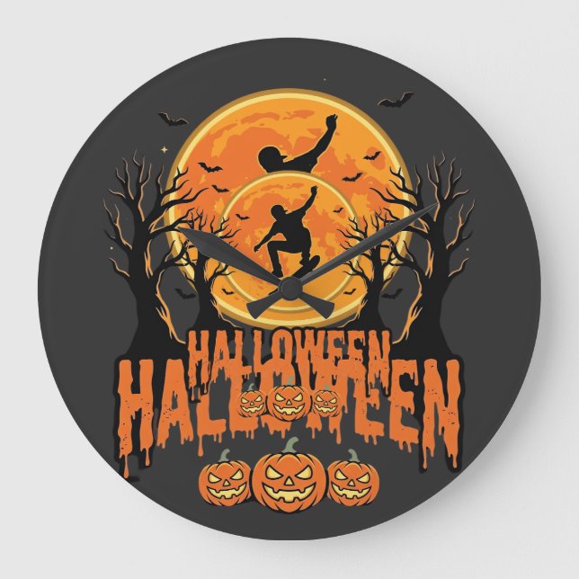 Relógio Grande Design de Lua de Skateboard de Halloween (Frente)
