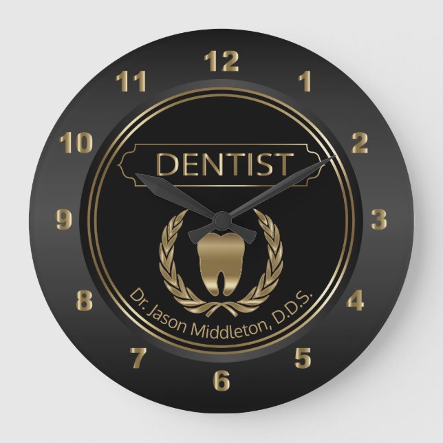 Relógio Grande Design dentário preto e Dourado (Frente)