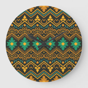Relógio Grande Design Étnico Tecido Ikat bordado