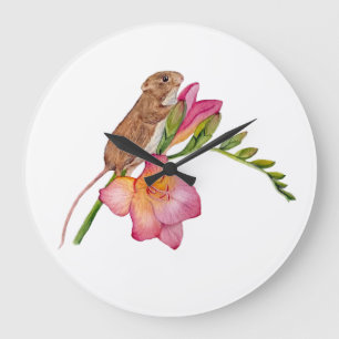 Relógio Grande Design Floral de Aquarela de Rato Fofo   Flor de F