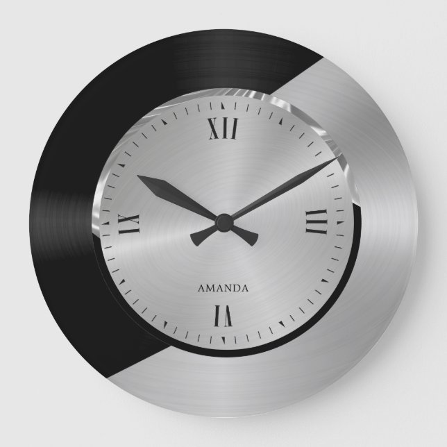 Relógio Grande Design Geométrica Moderna de Preto e Prata (Frente)