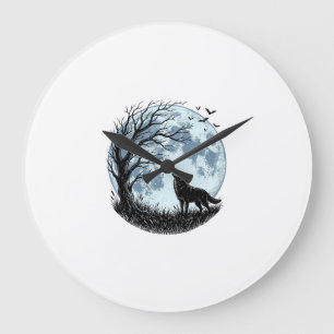Relógio Grande Design Silhueta da Árvore da Lua Uivando Lobo Vint