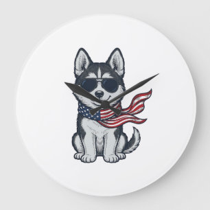 Relógio Grande Design Vetorial de Cachorro Husky Patriótico Vinta