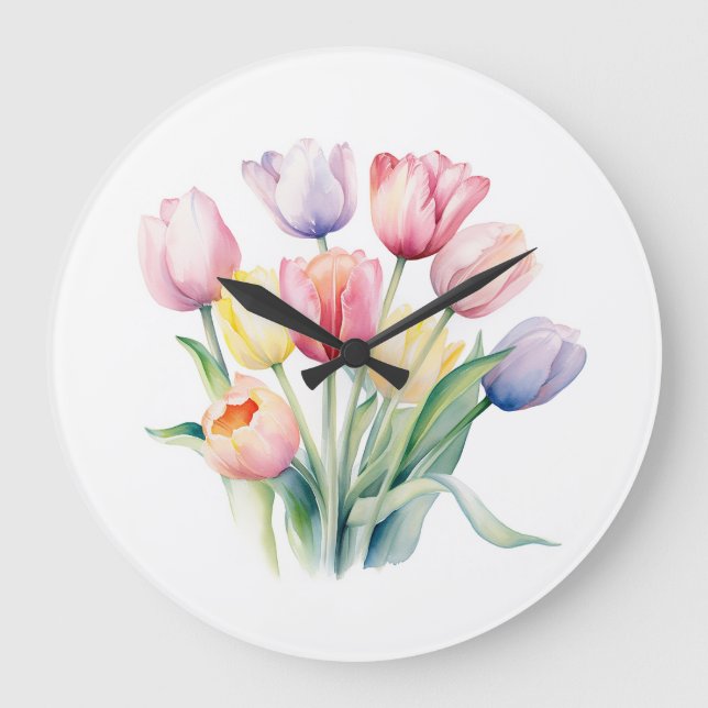 Relógio Grande Despertar primavera - Tulipas de Aquarela (Frente)