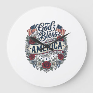 Relógio Grande Deus Abençoe a América Floral Patriótico Vintage