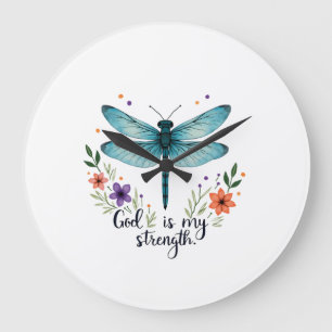 Relógio Grande Deus é minha força Floral Dragonfly Camiseta Crist