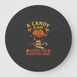 Relógio Grande Dia de Doces Halloween Pirata Caveira Bengala