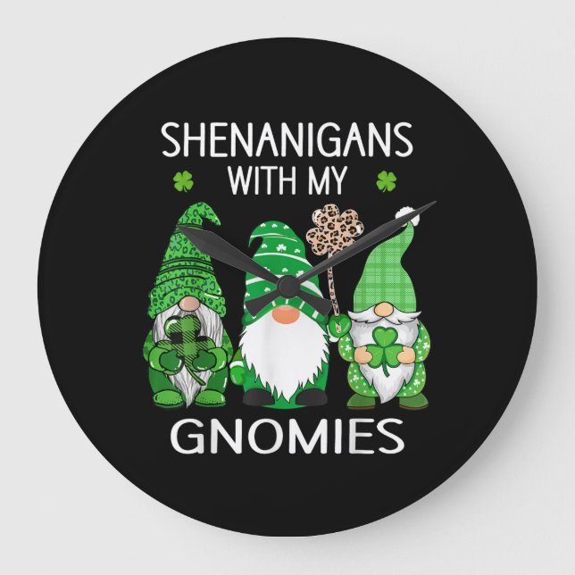 Relógio Grande Dia de São Patrício sortudo dos gnomos-leopardo Sh (Frente)