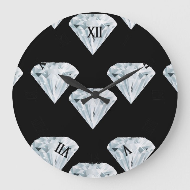 Relógio Grande Diamantes brilhantes de prata em preto (Frente)