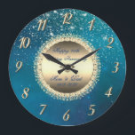 Relógio Grande Diamantes Estrelas Azul 50 Aniversário de Casament<br><div class="desc">Ouros de ouro elegantes e estrelas no relógio azul do aniversário de casamento.</div>