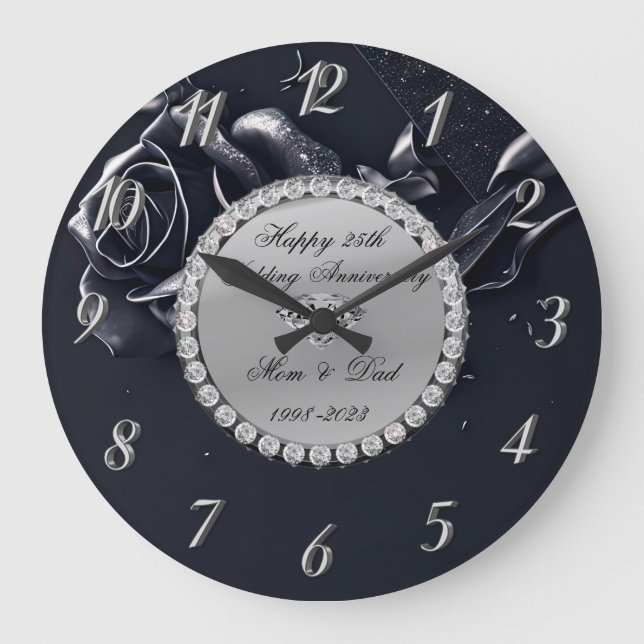 Relógio Grande Diamantes Prata Rosa Preta 25º Aniversário (Frente)