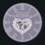 Relógio Grande Diamond photo heart 60th wedding anniversary<br><div class="desc">Diamond heart wedding anniversary clock personalize with your own couples photo, year of marriage, and names or relationship to you. The example reads Katrina and Henry Mansfield 60th Diamond Wedding Anniversary and your marriage and current date. Other matching diamonds sixtieth wedding anniversary heart gifts and cards are available. Gemstone diamonds...</div>