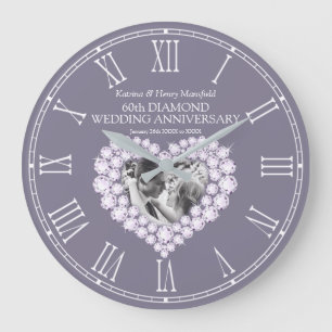Relógio Grande Diamond photo heart 60th wedding anniversary