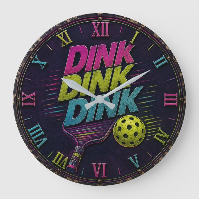 Relógio Grande Dink Dink Dink Pickleball Retro Neon (Frente)