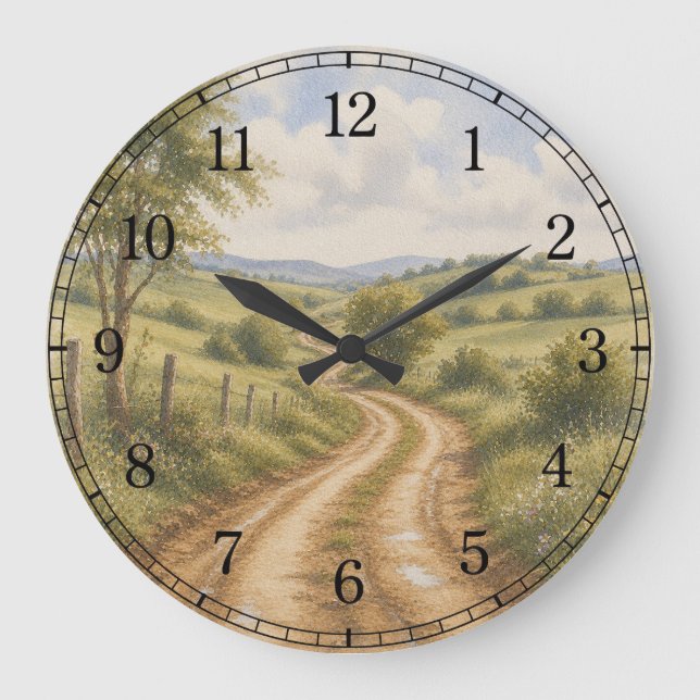 Relógio Grande Dirt Road Wall Clock — Rustic Landscape Design (Frente)