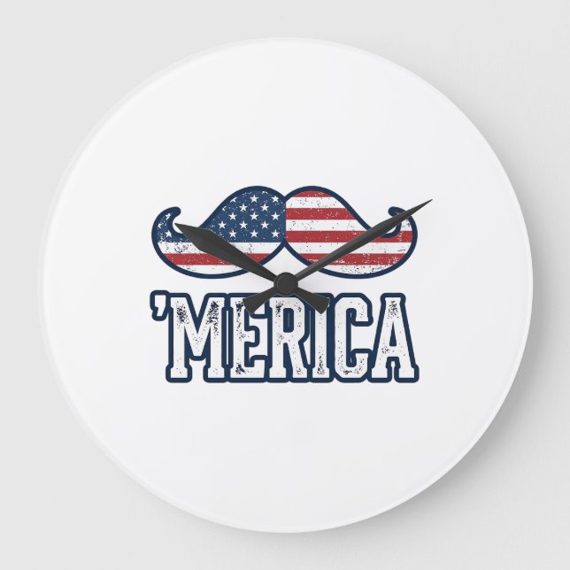 Relógio Grande Distressed America Mustache Patriotic Vector Desig (Frente)