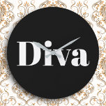 Relógio Grande Diva Opera Singer Glam Music Themed Black Black Wh<br><div class="desc">Mantenha-se no tempo, fique na pista e adicione um toque glamouroso à sua parede com este relógio ousado, que inclui a palavra Diva em branco a preto. Certamente, ao acertar a nota certa com amantes da música, este relógio que chama a atenção combina o talento moderno com a sua própria...</div>